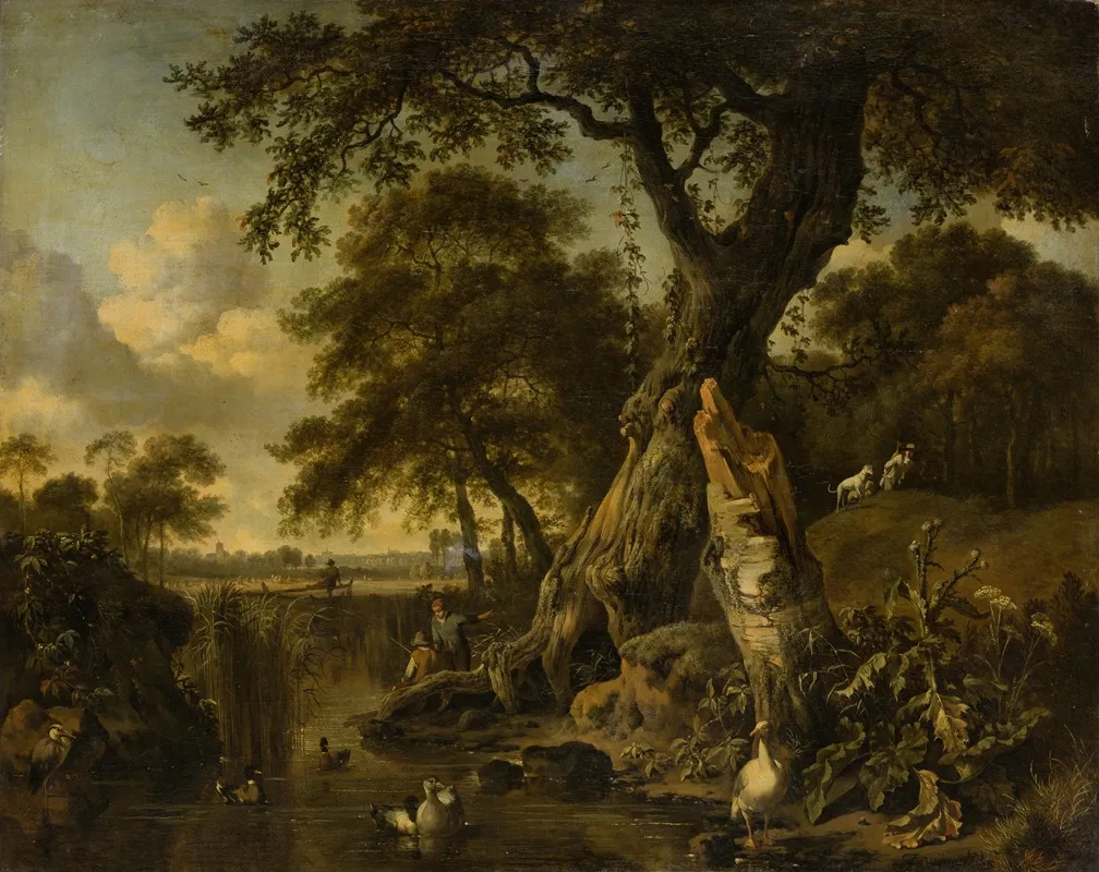 River Landscape With Fisherman And Hunter by Jan Wijnants - Canvas Print