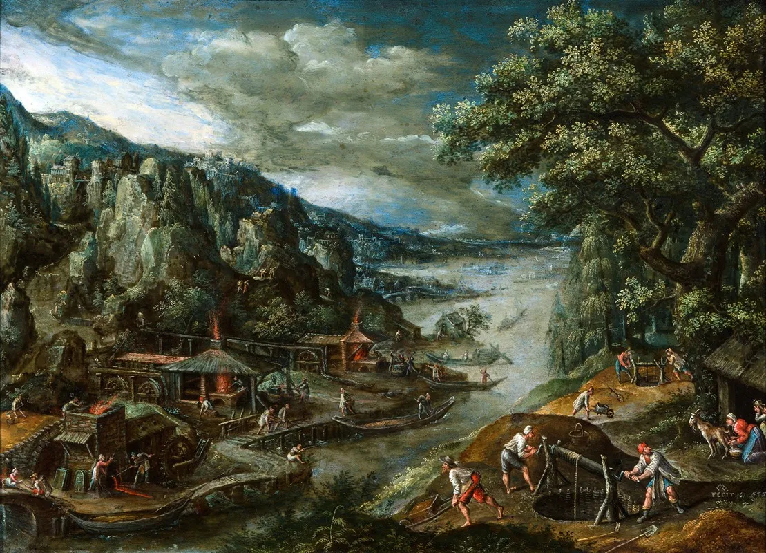 River Landscape With Iron Mining Scene by Marten Van Valckenborch - Canvas Print
