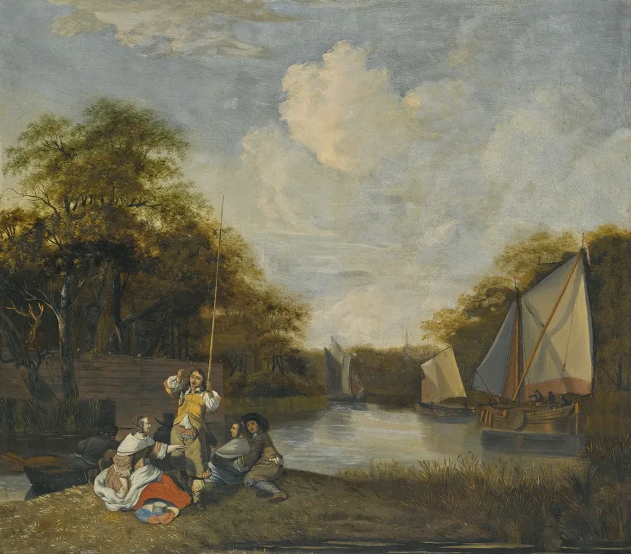 River Landscape With Party Fishing by Jacob Esselens - Canvas Print