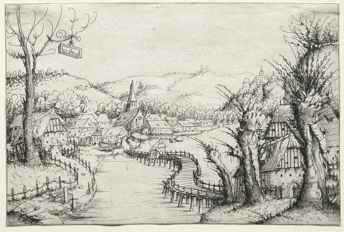 River Landscape With Three Bare Willow Trees At Right