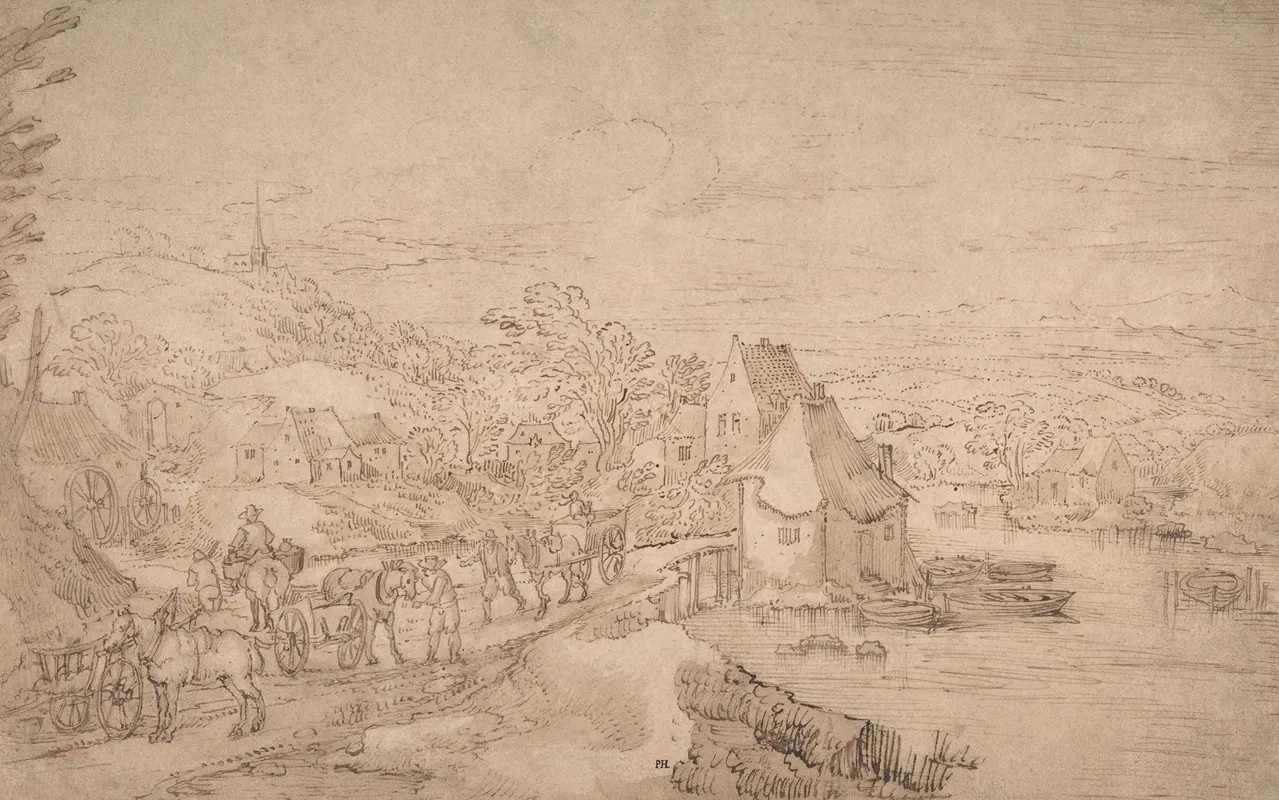River Landscape With Wagons On A Road Near A Village by Joos de Momper - Canvas Print