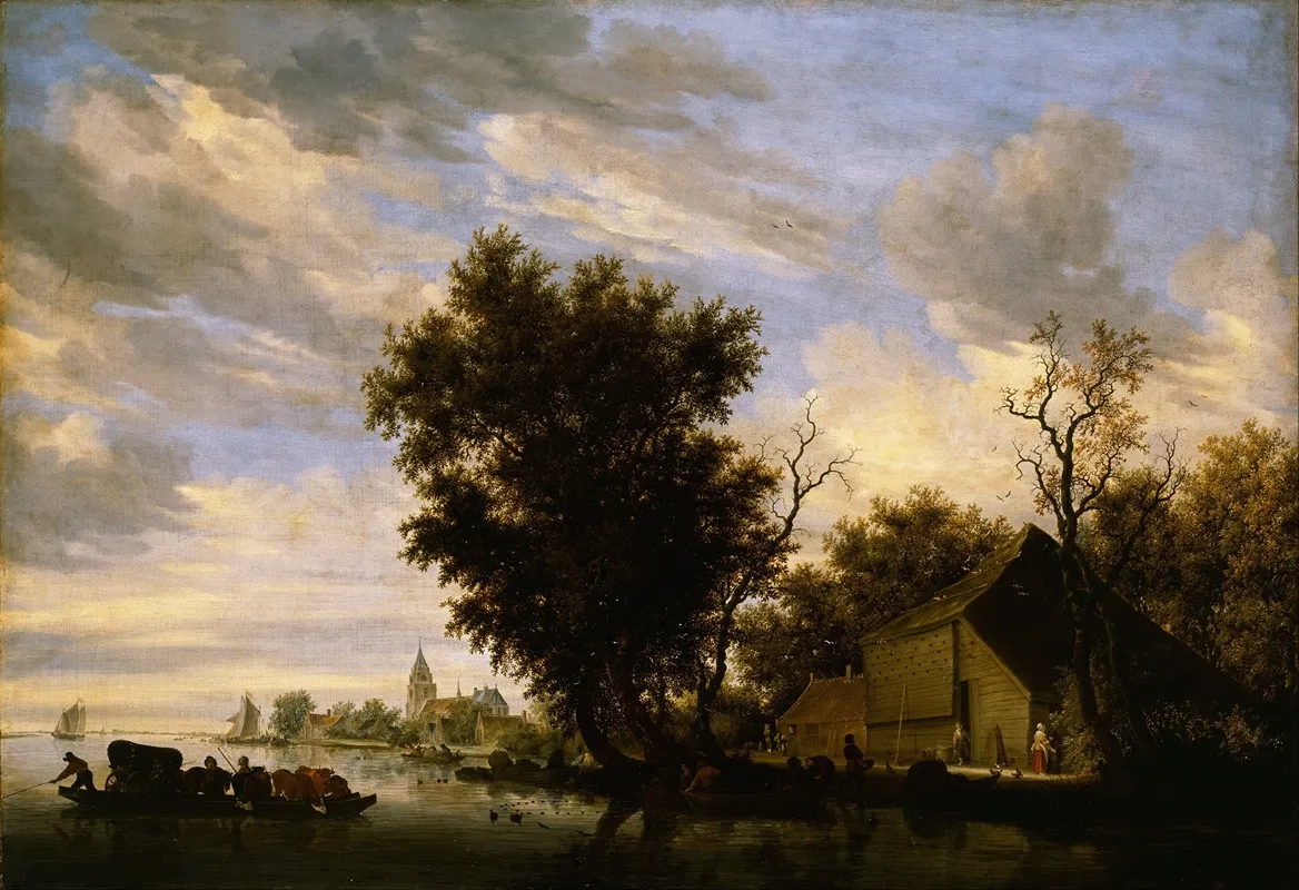River Scene With Ferry Boat by Jacob Salomonsz. van Ruysdael - Canvas Print