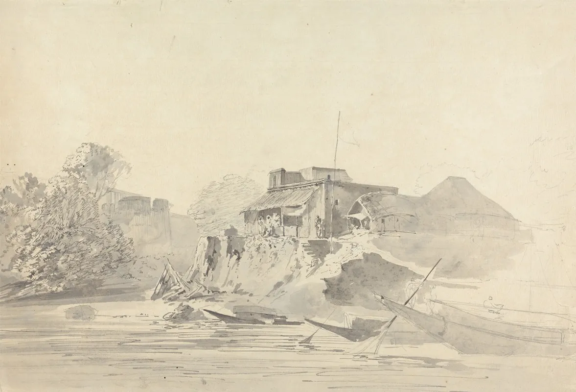River Scene With Native Buildings