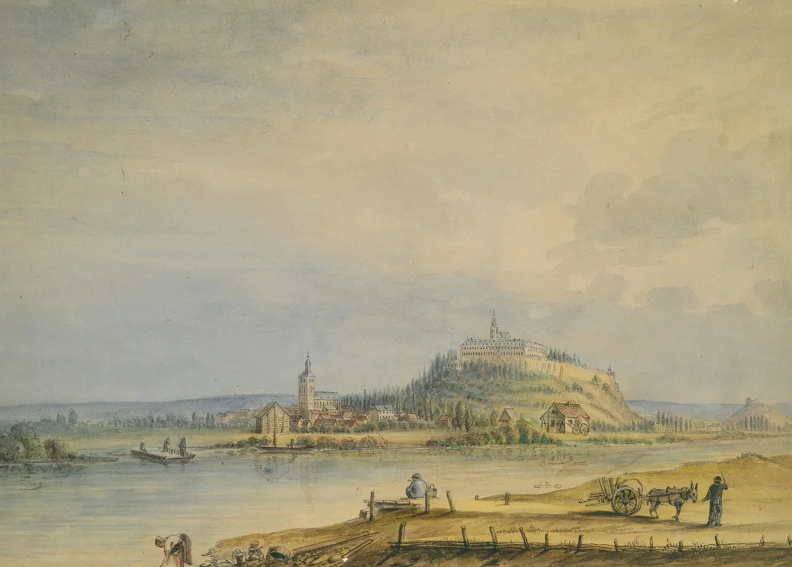 River Scene With Town Castle On Hill And Laboring Peasants