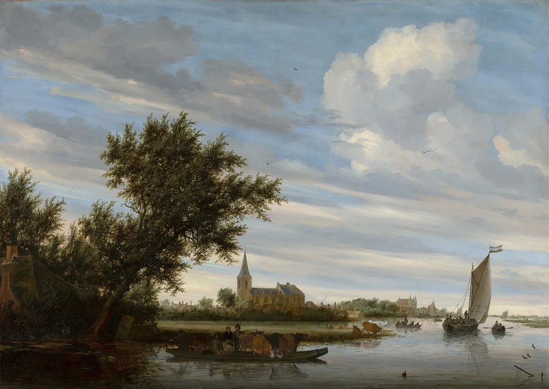 River View With Church And Ferry by Jacob Salomonsz. van Ruysdael - Canvas Print