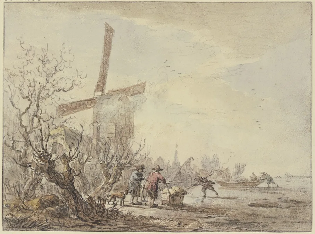 Riverbank With Windmill by Jacob van Strij - Canvas Print