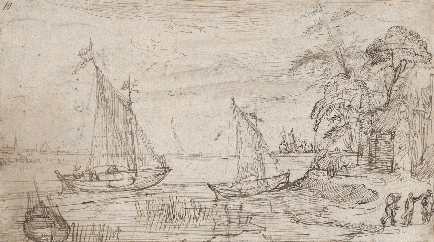 Riverscape With Two Sailboats And Several Figures by Cornelis Claesz. van Wieringen - Canvas Print