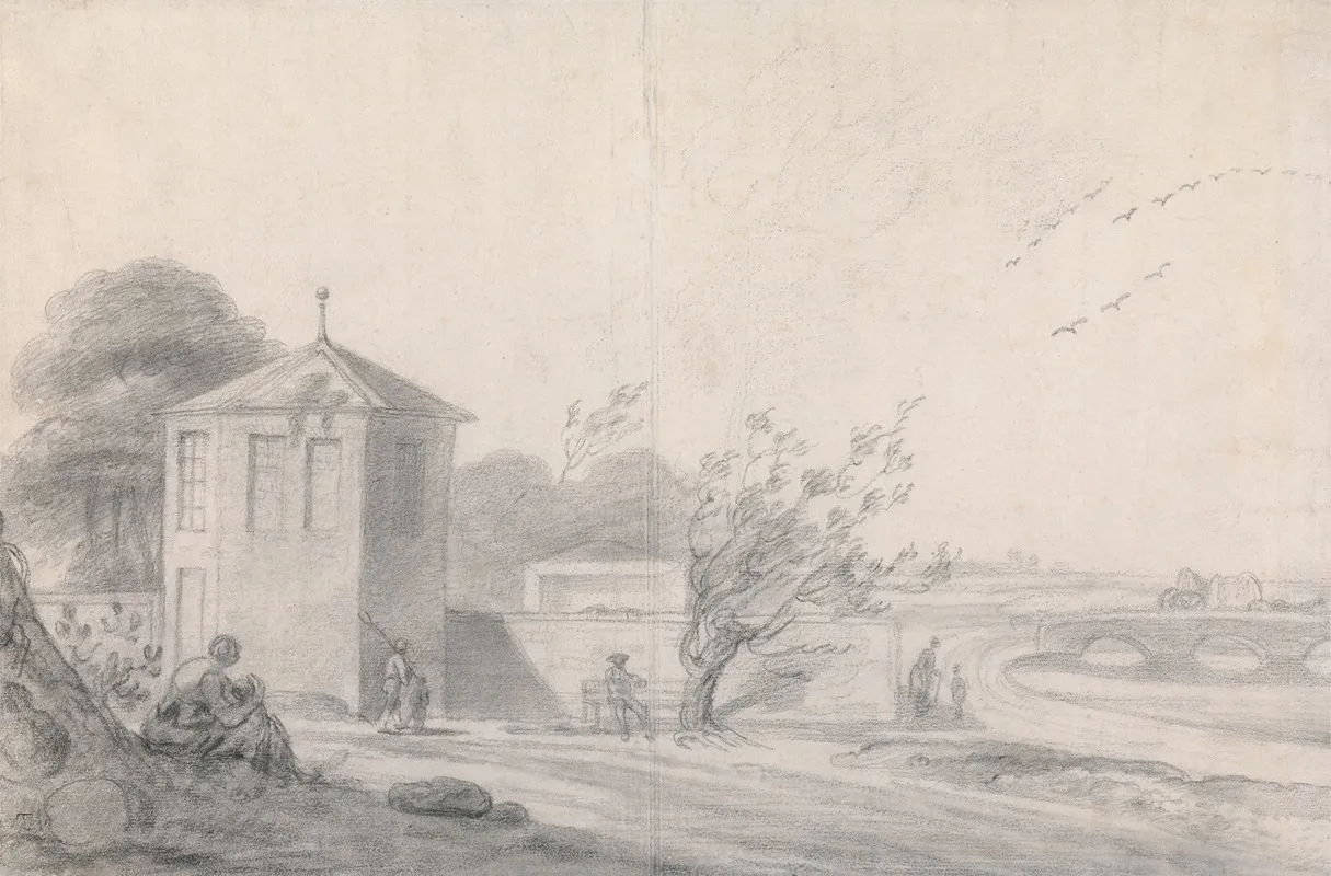 Riverside Scene With Figures Hexagonal Building Left And Horse Drawn Wagon Crossing Bridge At Right