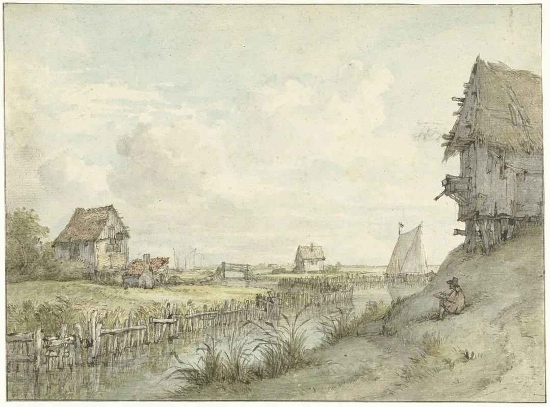 Rivierlandschap Met Schetsende Tekenaar Tussen Hutjes