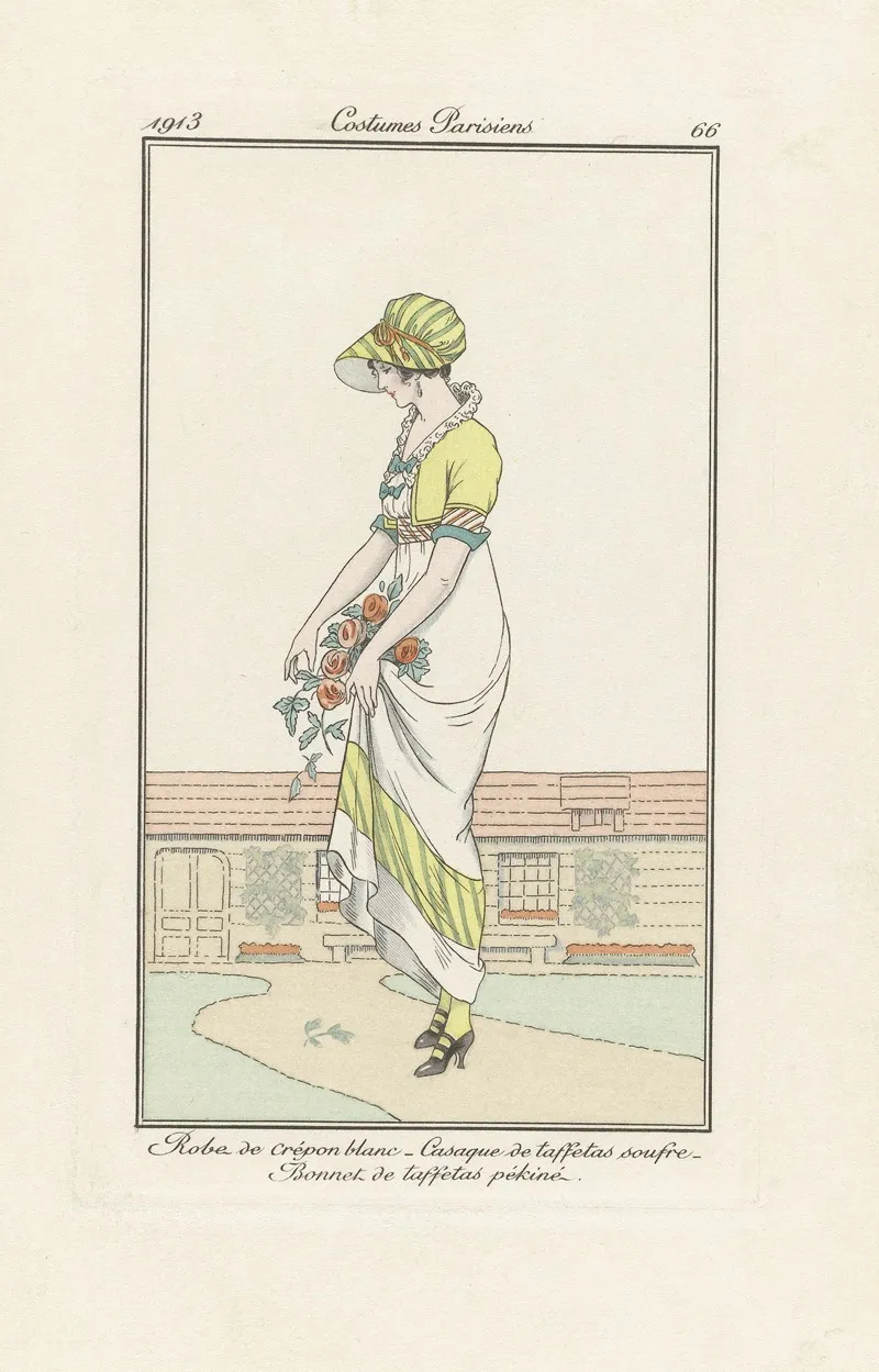 Robe De Crepon Blanc Casaque De Taffetas Soufre Bonnet De Taffetas Pekine