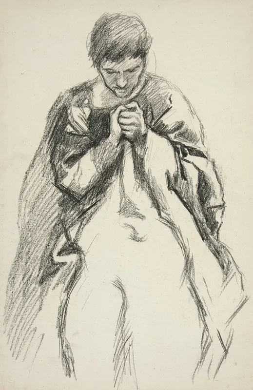 Robed Figure Praying Study For The Quest Of The Holy Grail Mural Series At Boston Public Library