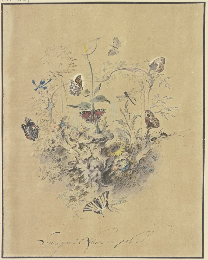 Rocaille Ornament Mit Einer Kalla Und Anderen Blumen Schmetterlingen Wie Perlmutterfalter Pfauenauge Und Segelfalter Sowie Libellen Und Einer Raubmucke