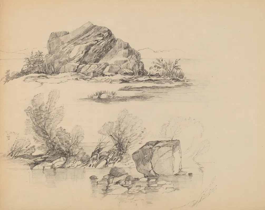 Rocks Along A Lakeshore Recto by John William Casilear - Canvas Print