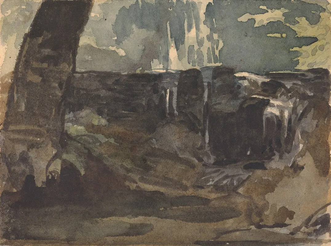 Rocky Landscape Large Tree Trunk In Foreground by Thomas Sully - Canvas Print