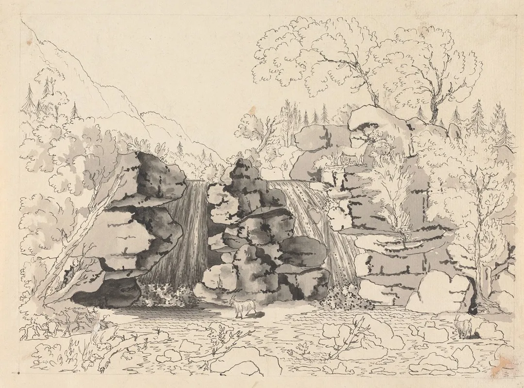 Rocky Landscape With Waterfalls And Goats