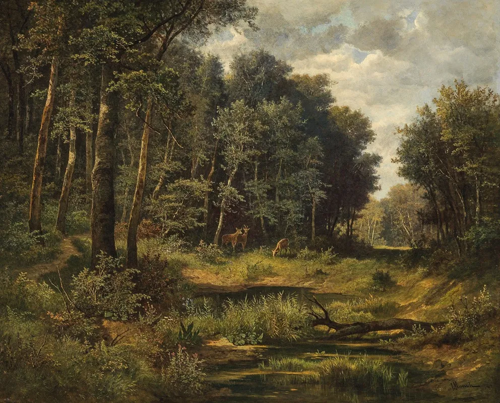 Roe Deer At The Forest Pond by Leopold Munsch - Canvas Print