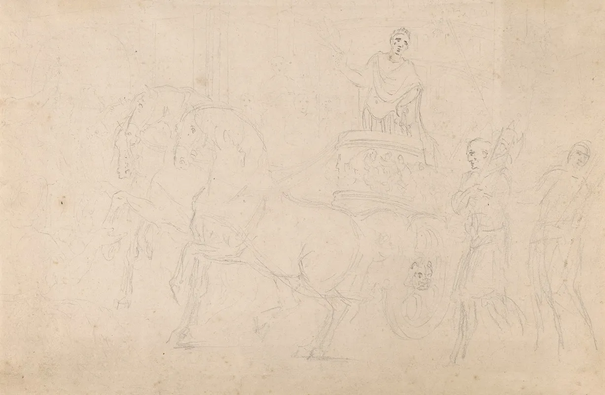 Roman Chariot Drawn By Three Horses With Charioteer And Other Figures