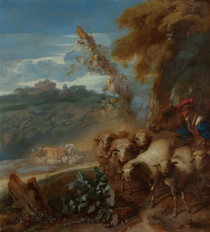 Roman Landscape With A Shepherd And Sheep by Giovanni Benedetto Castiglione - Canvas Print