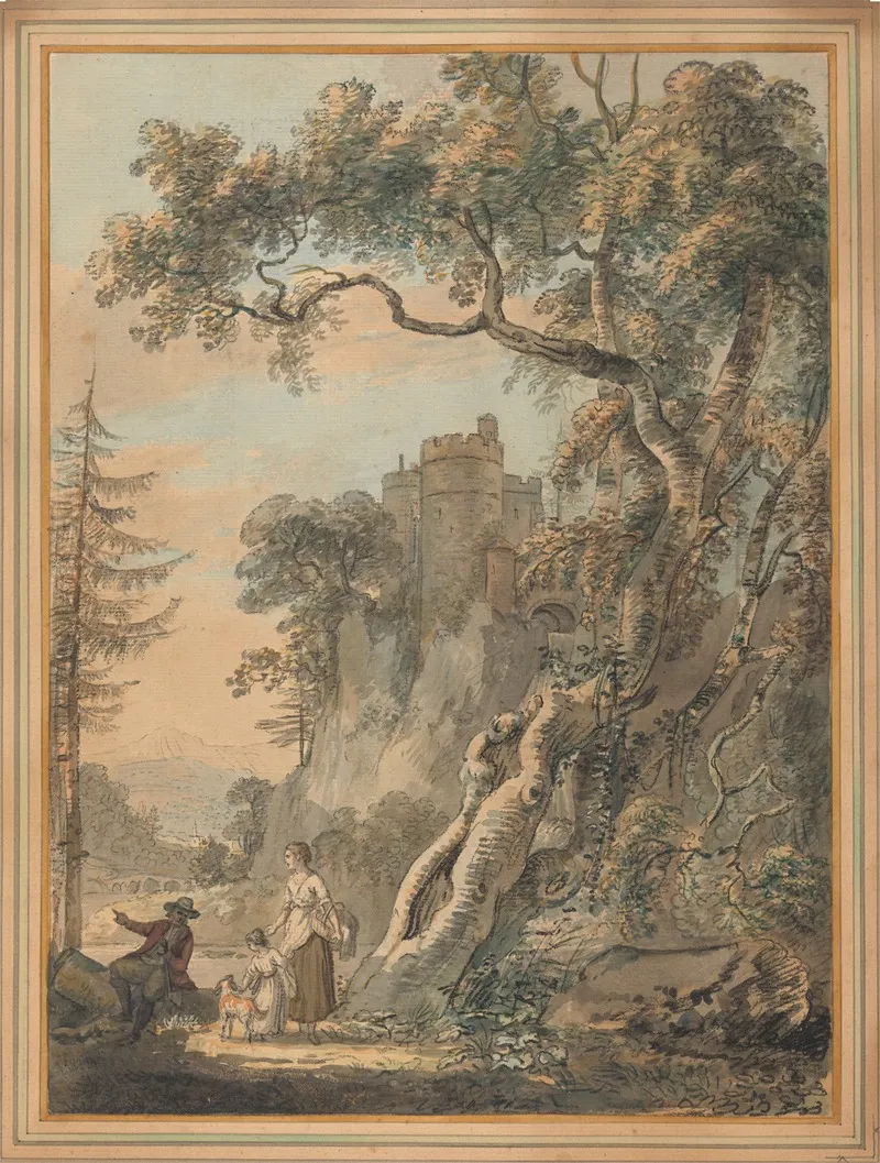 Romantic Landscape Peasants At The Foot Of A Castle On A Crag