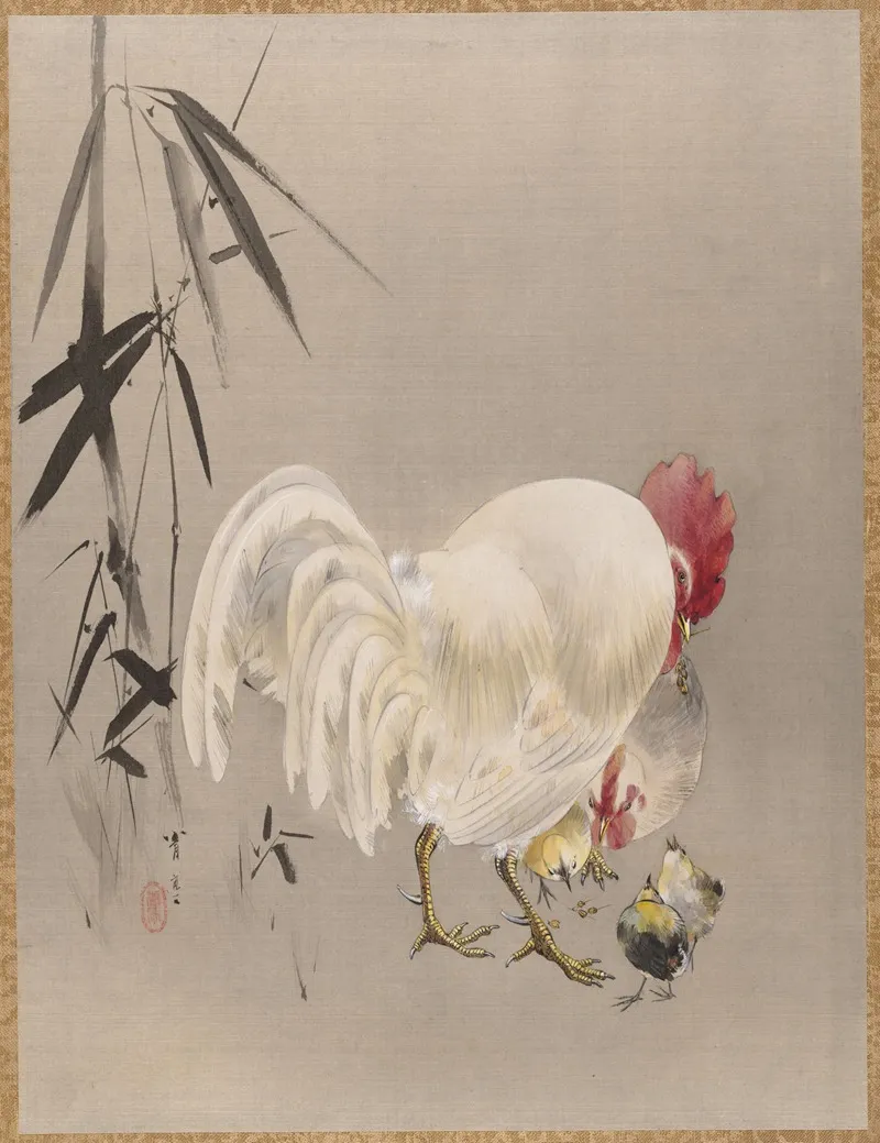 Rooster And Hen With Chicks by Watanabe Seitei - Canvas Print