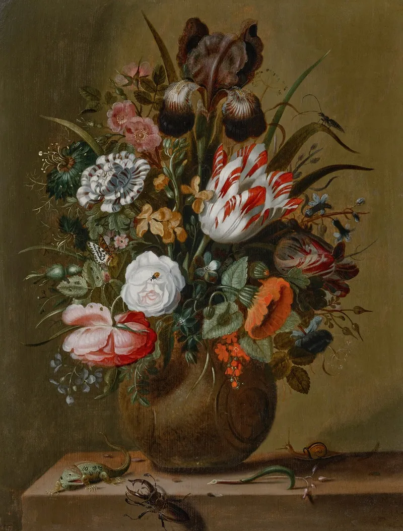 Roses Tulips An Iris And Other Flowers In A Stoneware Vase On A Ledge With A Lizard Stag Beetle And Snail