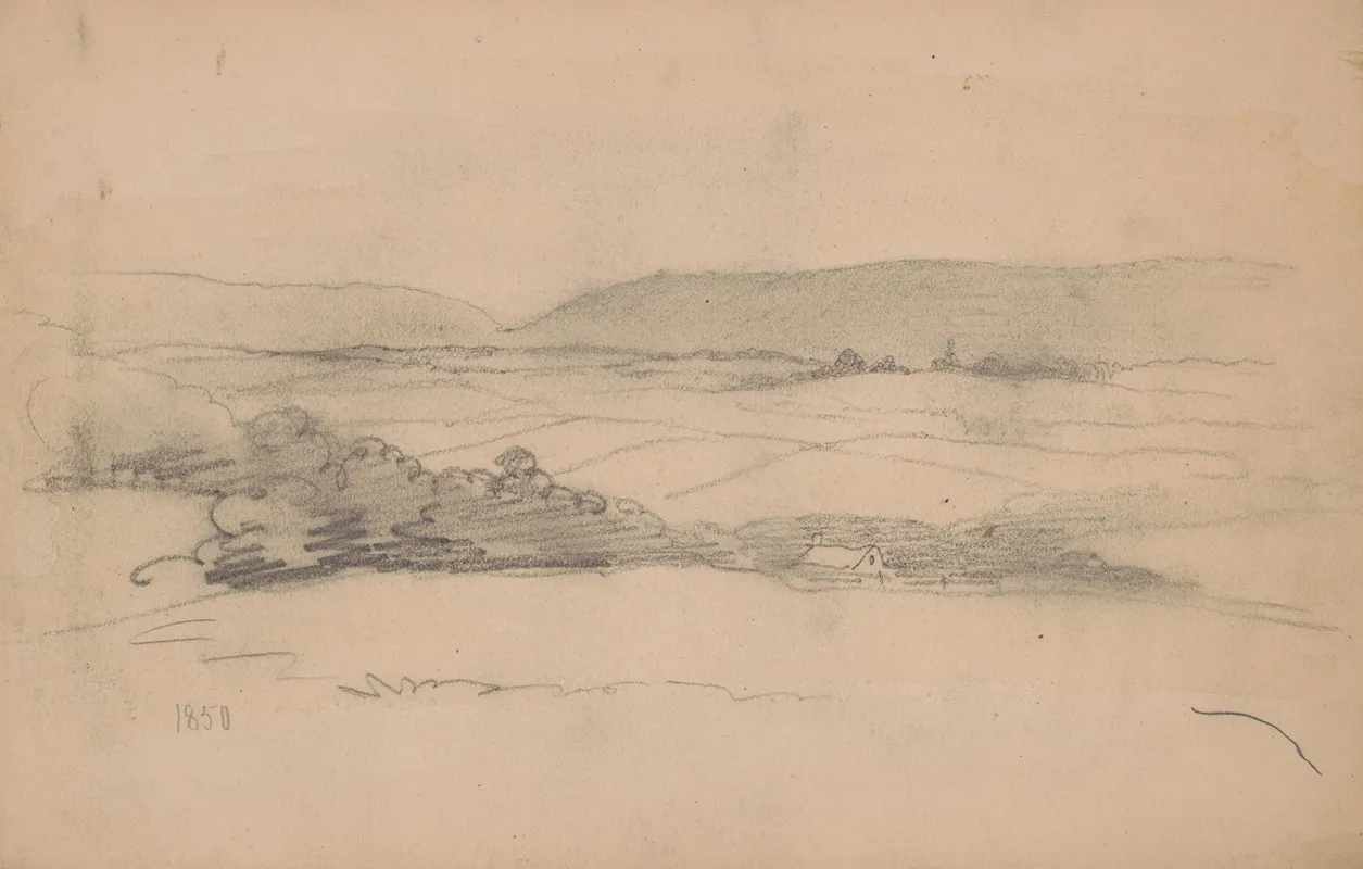 Rough Sketch Of Landscape With Hills Fields Trees And The Roof Of A House