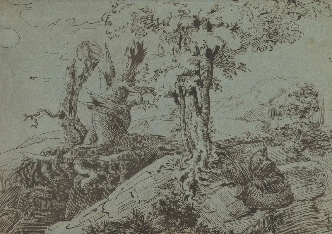 Rugged Moonlit Landscape With A Woman Seated By Gnarled Tree Roots And An Owl by Ludwig Emil Grimm - Canvas Print