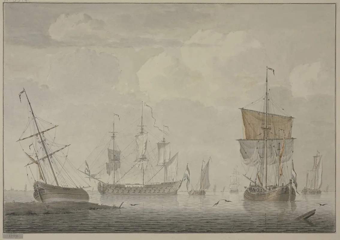 Ruhige See Mit Vielen Schiffen Links Liegt Ein Schiff Auf Dem Strand by Cornelis de Grient - Canvas Print