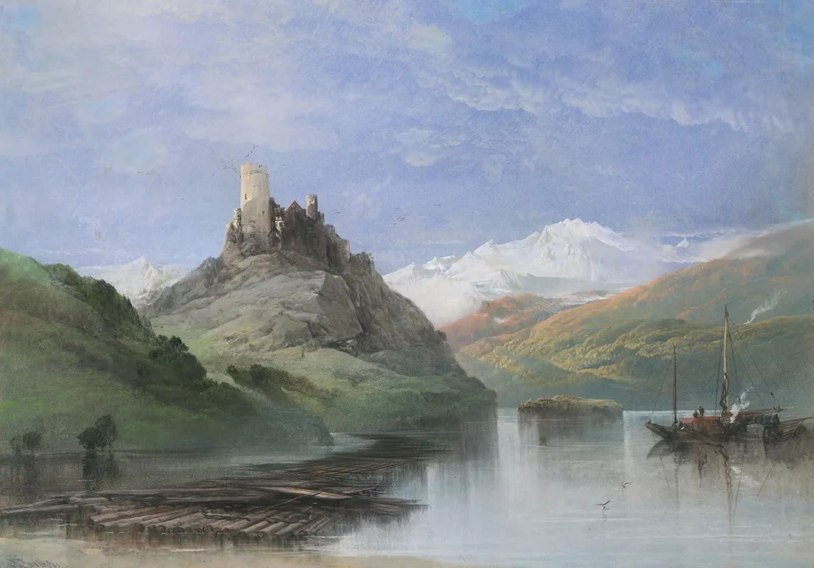 Ruined Castle On The Banks Of The Rhine by Henry Bright - Canvas Print