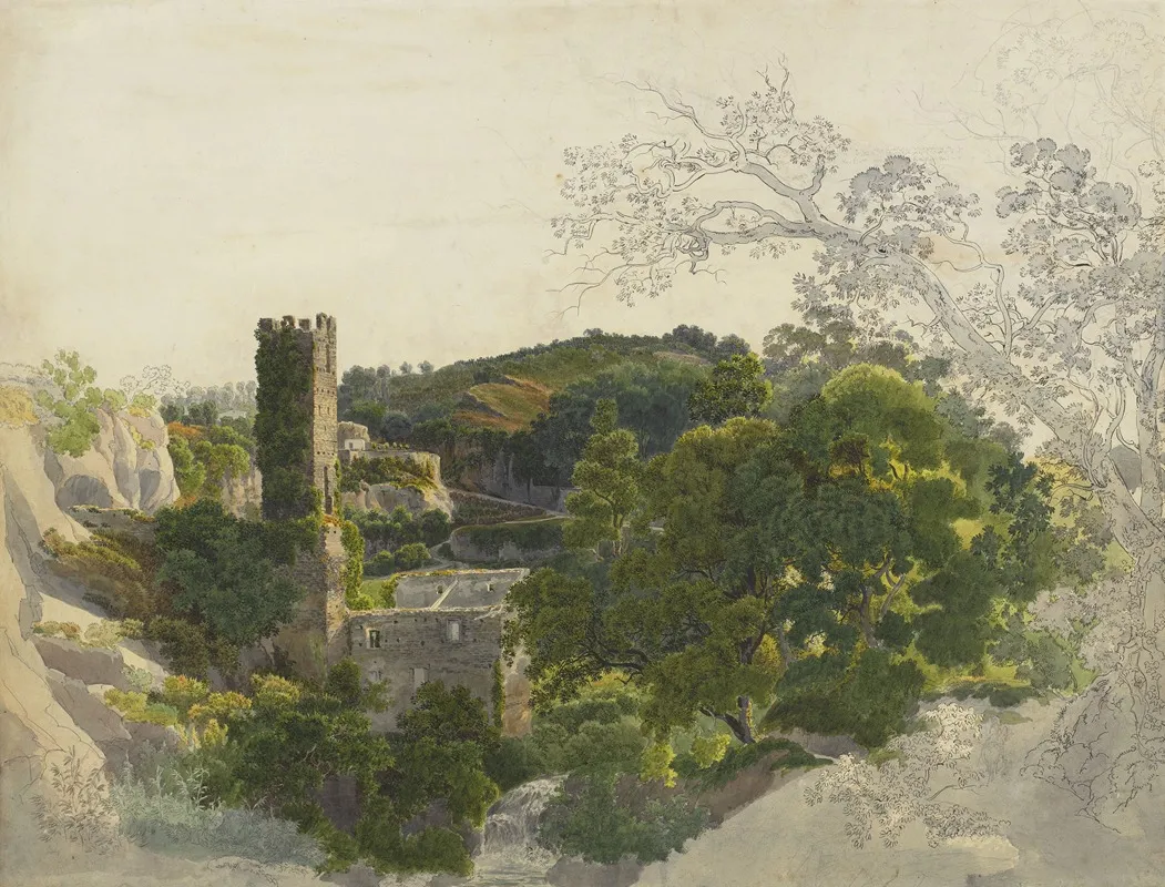 Ruins Of A Fortified Tower Among Wooded Hills 2 by Friedrich Salathé - Canvas Print