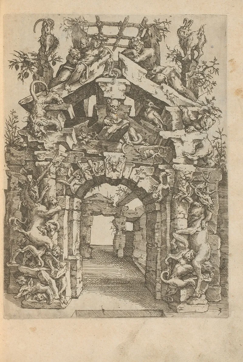 Ruins Of A Gate With Deer Dogs Lions Birds Squirrels Bats Bears Reptiles Goats And A Man And Woman