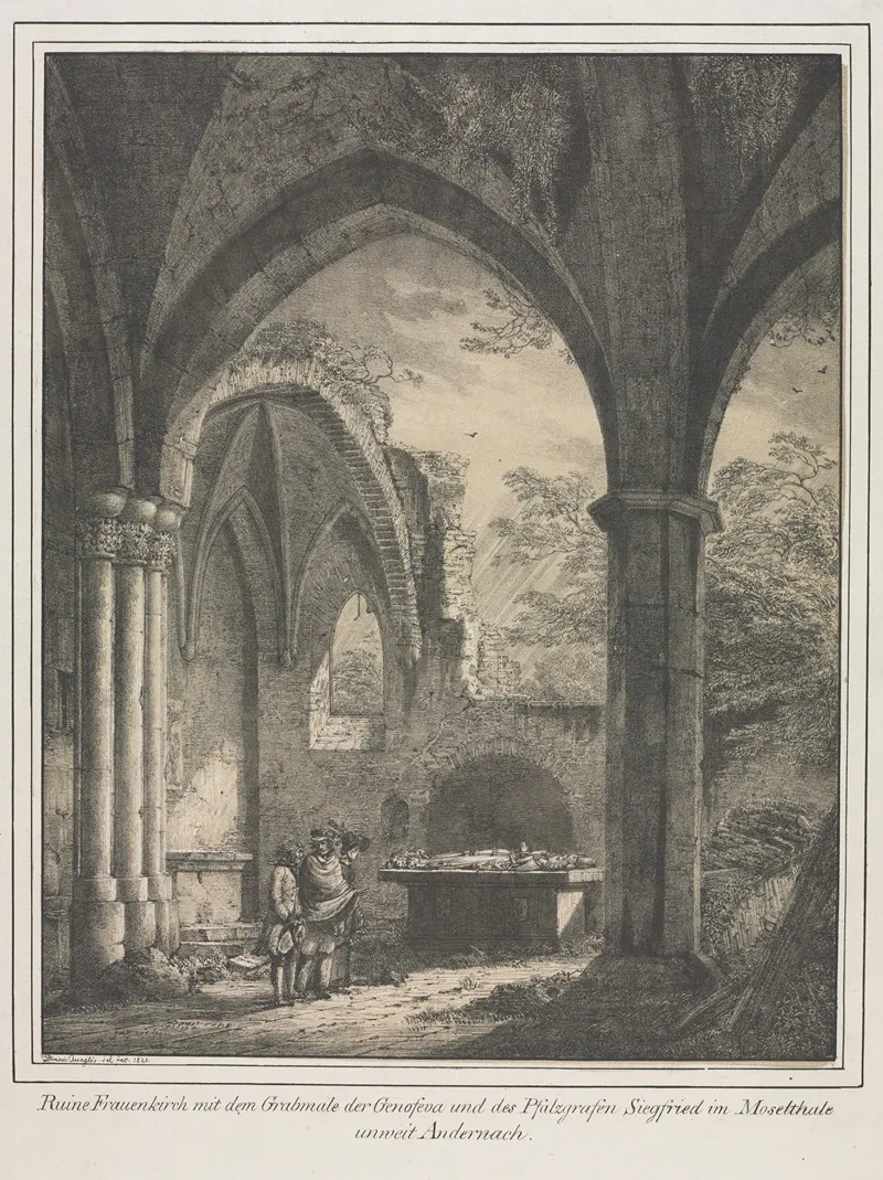Ruins Of The Church Of The Virgin With The Tomb Of Genevieve And Siegfried Count Palatine Of The Rhine In The Moselle Valley Near Andernack by Domenico Quaglio the Elder - Canvas Print