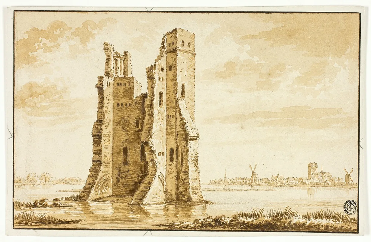 Ruins Of The Merwede Manor Seen From The Front With Dordrecht In The Background by Abraham Rademaker - Canvas Print