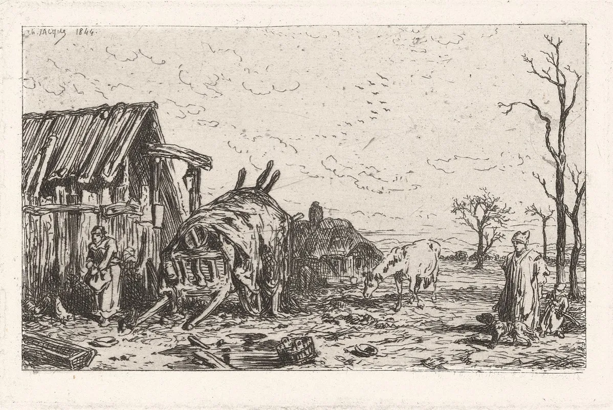 Rural Farm Scene With Barn Cart Two Farmers