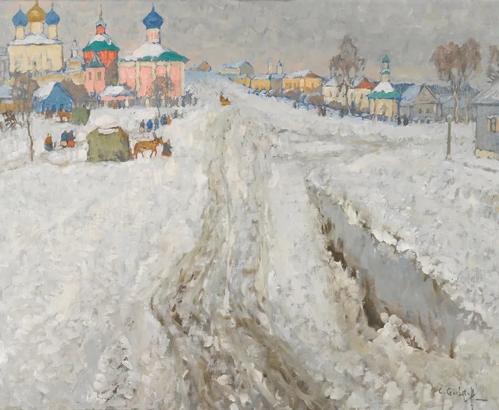Russian Town Under The Snow by Konstantin Ivanovich Gorbatov - Canvas Print