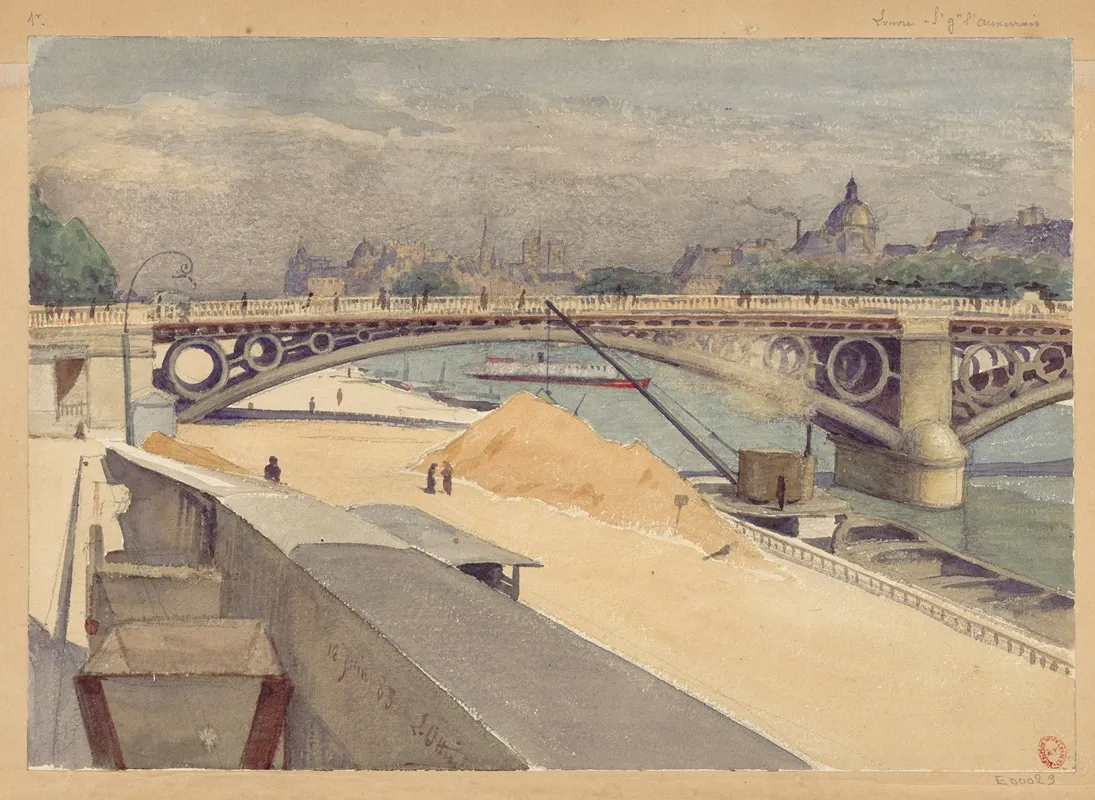 Sabliere Port Du Louvre En Arriere Plan Le Pont Des Saints Peres Linstitut Et La Cite by Léon-Auguste Ottin - Canvas Print