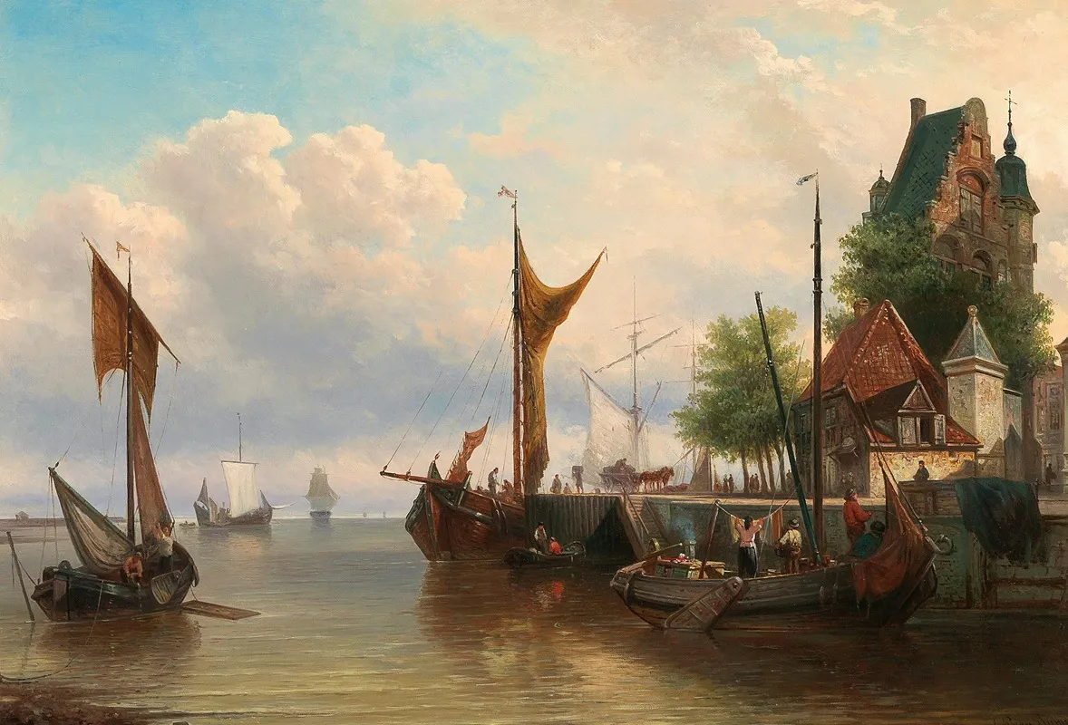 Sailboats In The Harbour by Elias Pieter van Bommel - Canvas Print