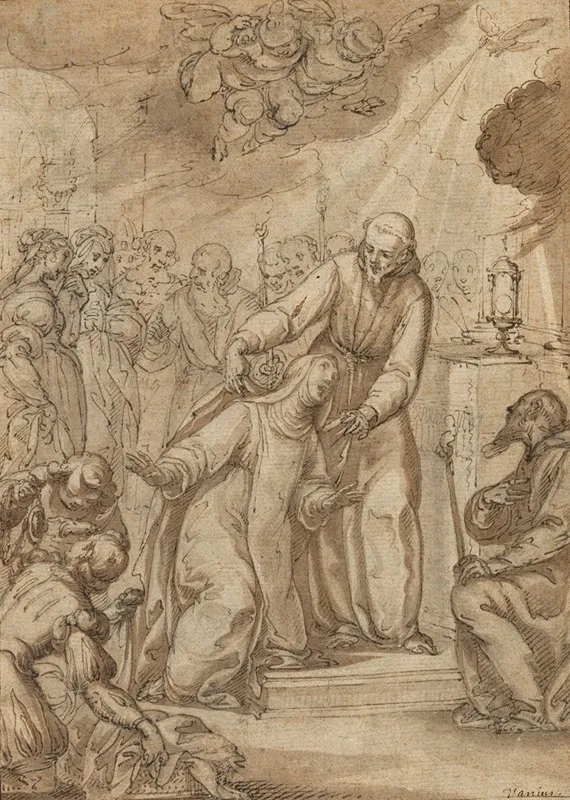 Saint Clare Of Assisi Having Taken Her Vows Is Welcomed At The Altar By Saint Francis Surrounded By Other Figures