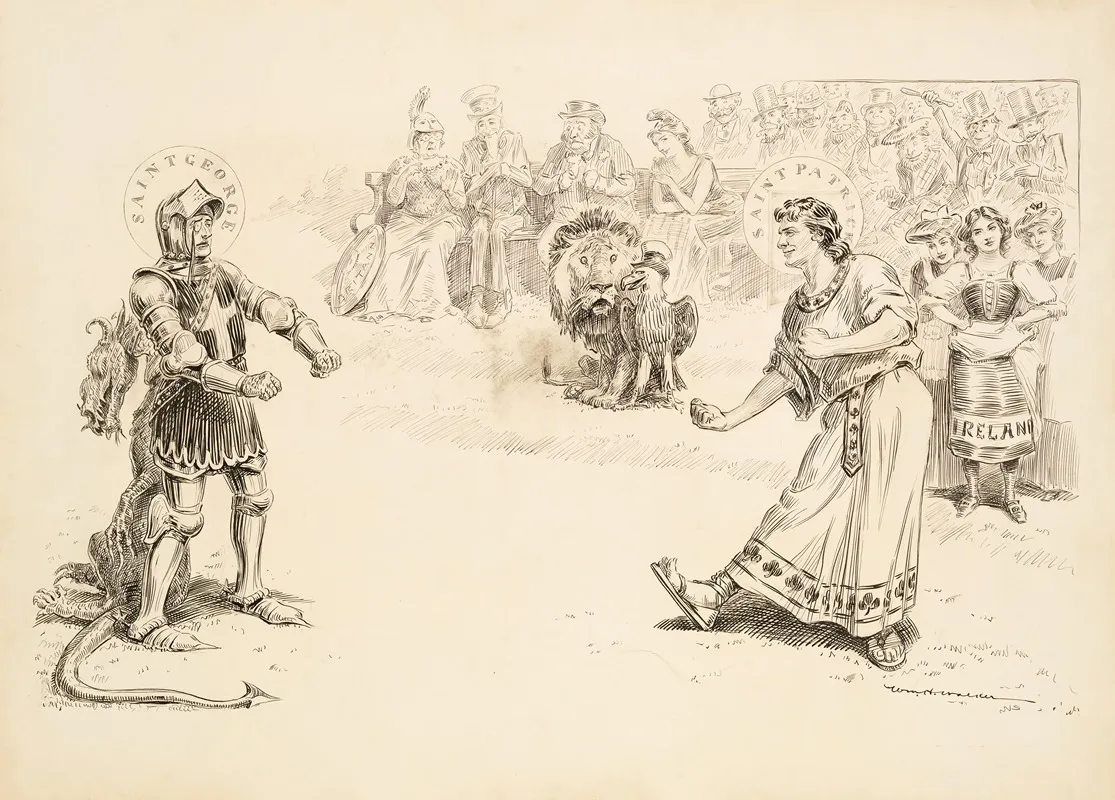 Saint George And Saint Patrick Prepare To Fight Before A Crowd