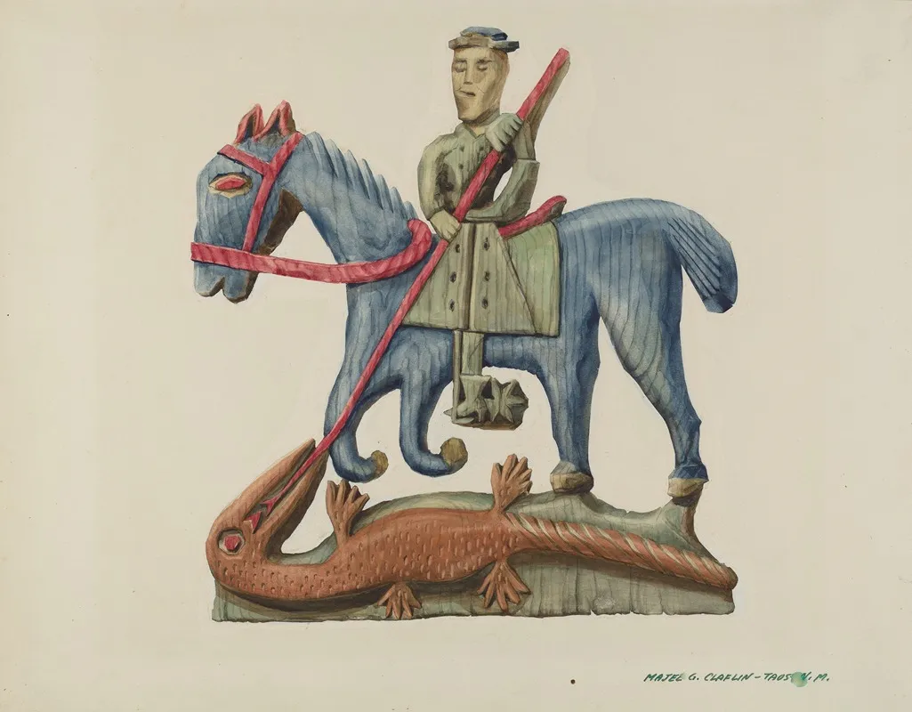 Saint George The Dragon Carved Out Of Section Of Plank Painted