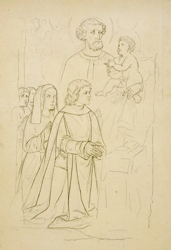 Saint Joseph Et Lenfant Jesus Parmi Une Famille En Priere 2 by Prosper Lafaye - Canvas Print