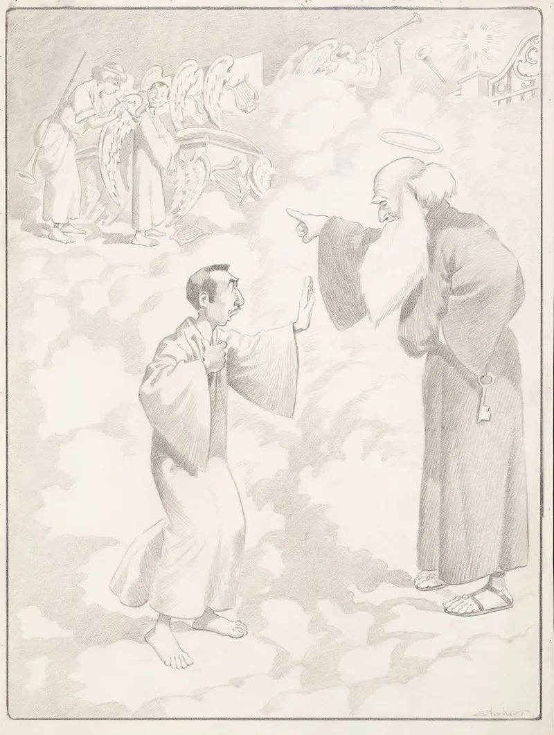 Saint Peter Directs A Reluctant Man Toward Heaven Where An Angel Applies Wings And Distributes Harps