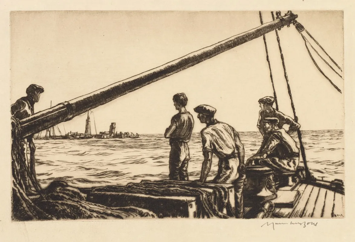 Salvage Men Approaching A Torpedoed Ship