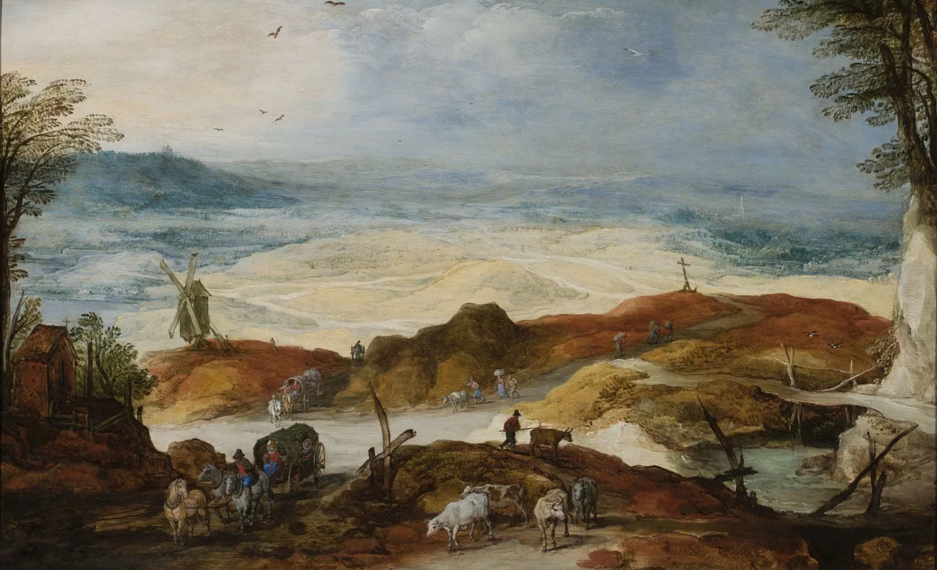 Sandy Landscape With Travellers And Cattle by Joos de Momper - Canvas Print