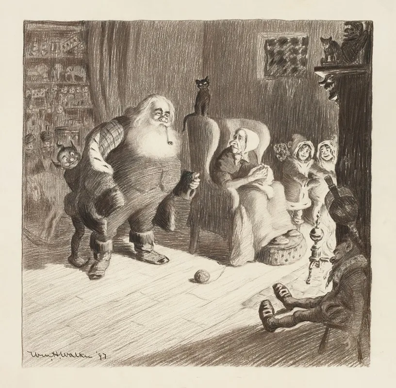 Santa Claus Puts On His Coat In A Parlor With Mrs Claus In Her Chair Two Children Two Elves And A Shelf Of Toys