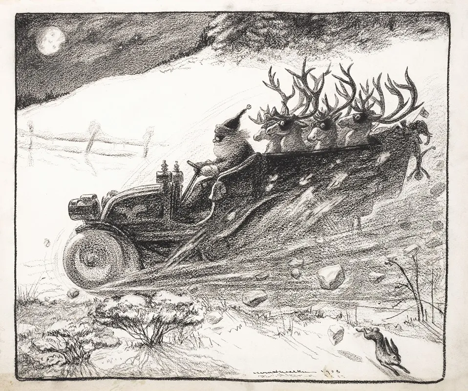 Santa Claus Speeding Down The Road In A Motorized Sleigh Reindeer Seated In Back