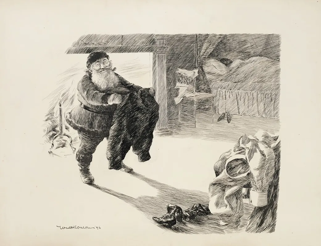 Santa Claus Stands In A Bedroom Where Someone Is Sleeping In Front Of A Fire Holding A Pair Of Pants