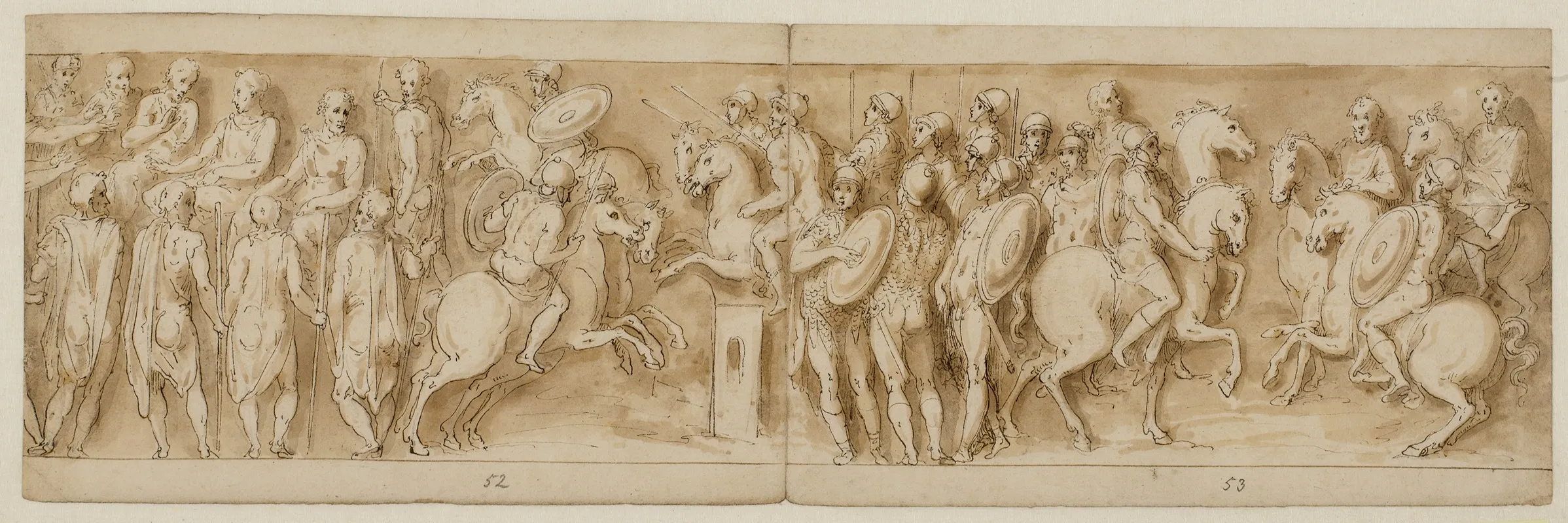 Sarmatere Fremfort For Det Kejserlige Rad Marcus Aurelius Og Pompejus Pa Hesteryg Omgivet Af Vagter Betragter Et Mindre Opgor Germanske Adelsmaend Overbringer En Meddelelse