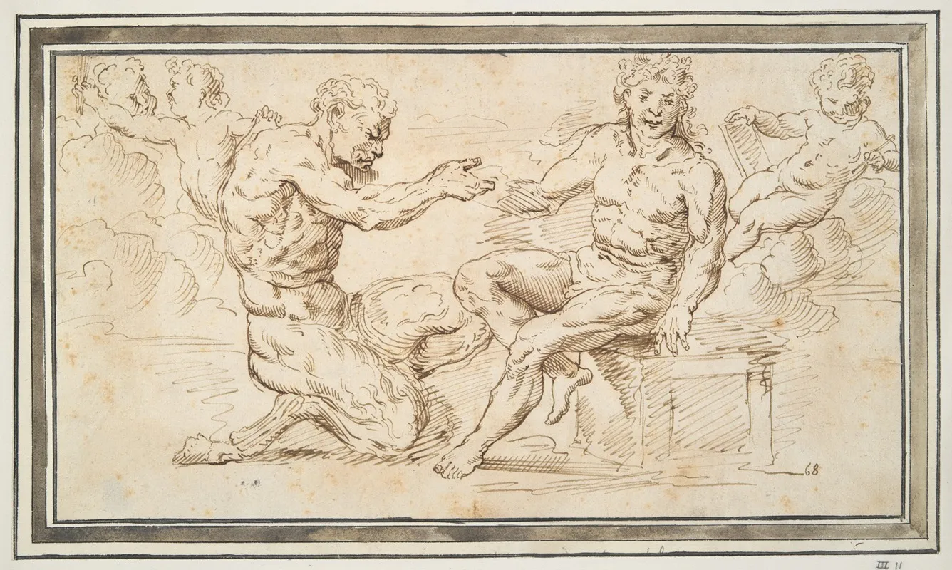 Satyr And Young Man Seated With Putti