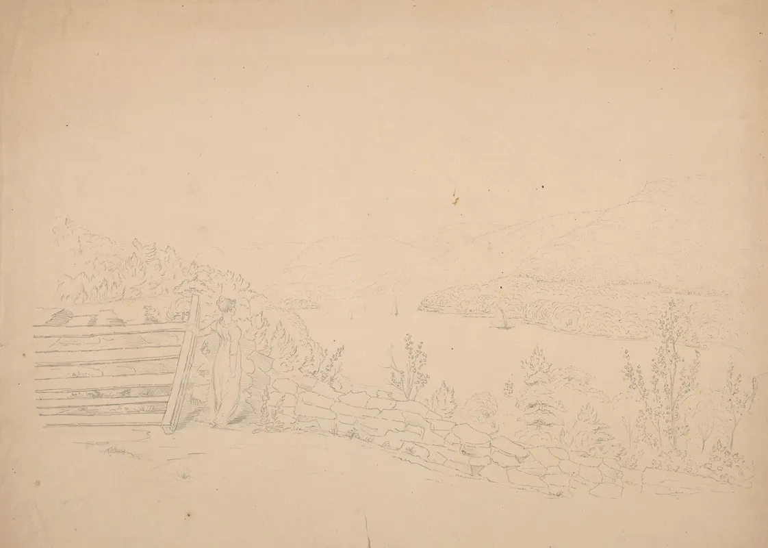 Scene Of Sally Lord Leaning On A Fence And Overlooking The Hudson River